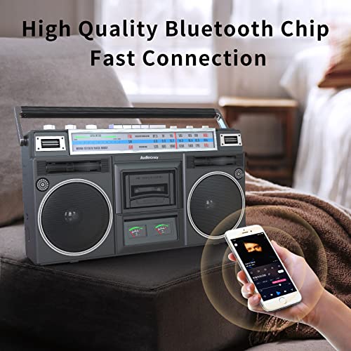 Audiocrazy Retro Boombox Cassette Player AM/FM Shortwave Radio, Portable Cassette Tape Player Recorder, Wireless Streaming, USB/Micro SD Slots Guitar/Aux in, Convert Cassettes to USB Classic 80s Style
