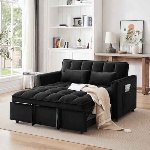 Sofa Bed,3 in 1 Convertible Sofa Bed, Modern Velvet Single Double Sofa, Adjustable Back, Storage Bag and Pillow Sofa Bed, Suitable for Living Room, Bedroom (Blue, Double)