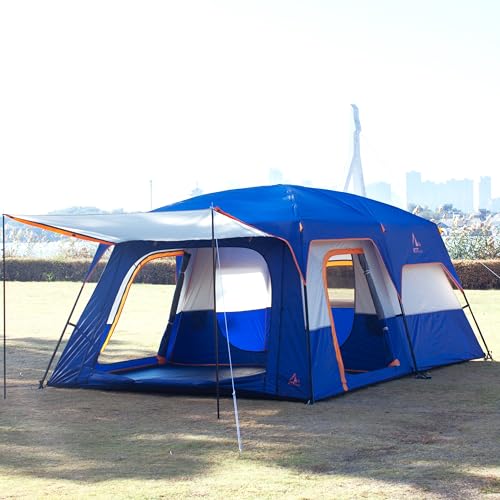 KTT Extra Large Tent 10-12-14 Person(Style-B),Family Cabin Tents,2 Rooms,3 Doors and 3 Windows with Mesh,Straight Wall,Waterproof,Double Layer,Big Tent for Outdoor,Picnic,Camping,Family Gathering