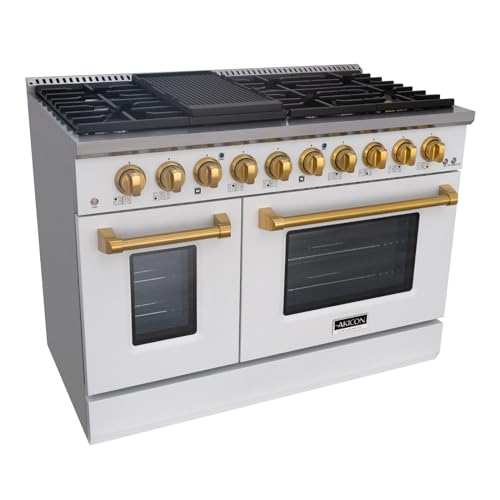 Akicon 48 Inch Freestanding Gas Range - 6.7 cu. ft. Double Rapid Convection Gas Oven with Blue Porcelain Interior - Gas Stove with 8 Sealed Burners & a Griddle, Heavy Duty Cast Iron Grates