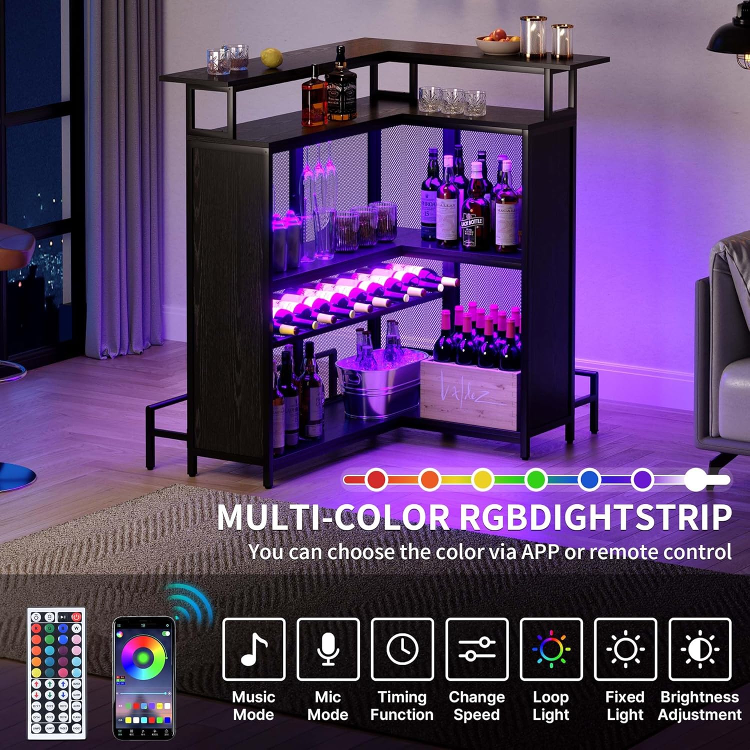 YITAHOME L Shaped Mini Home Bar Unit for Living Room with Music Sensing LED Light, Tall Bars Furniture Table with Wine Rack Alcohol Storage Glasses Hanger Footrest for Kitchen Pub, Black