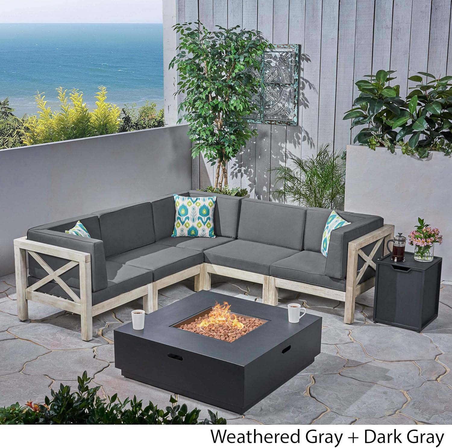 Great Deal Furniture Outdoor Acacia Wood 5 Seater Sectional Sofa Set with Fire Pit, Weathered Gray and Dark Gray
