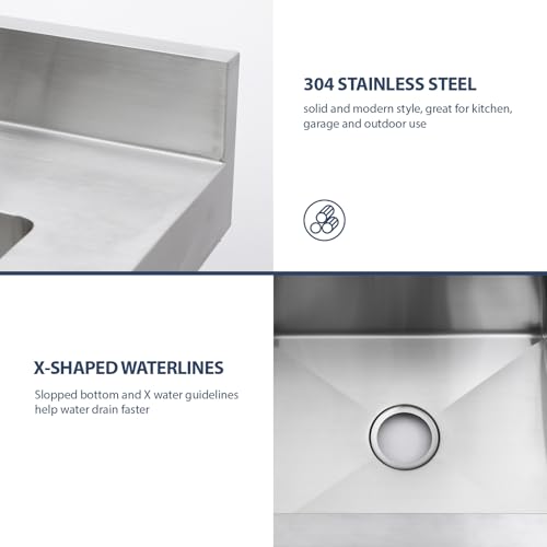 Lordear Stainless Steel Utility Sink 24 Inch - 24"x21" Freestanding Stainless Steel Kitchen Sink Single Bowl Commercial and Residential Use for Laundry Room Garage Outdoor and Kitchen