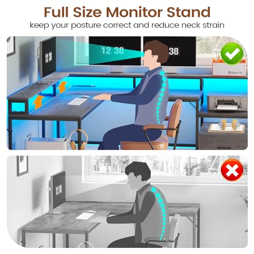 SEDETA L Shaped Gaming Desk, 66" Home Office Desk with File Drawer & Power Outlet, Corner Gaming Computer Desk with Led Lights, Monitor Shelf and Printer Storage Shelves, Two Person Desk, Black