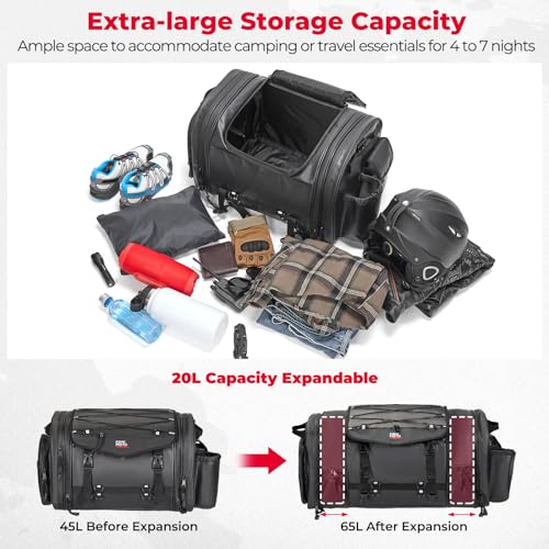 KEMIMOTO Motorcycle Travel Luggage Bags, 60L Expandable Large Capacity Motorcycle Tail Bag, Waterproof Rear Rack Trunk, Motor Pannier Bag with Rain Cover and Straps