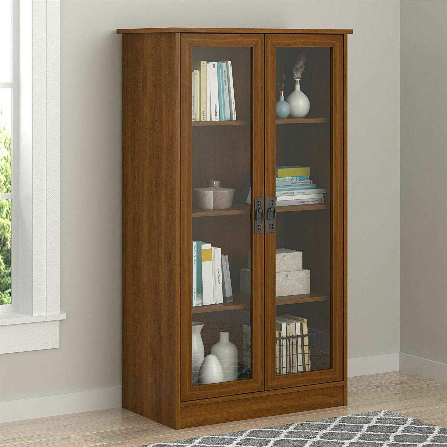 Cherry Finish Wooden Glass Door Bookcase Bookshelf Media Cabinet Display Storage 2 Adjustable Shelves Material: Glass, MDF, MDF/Chipboard Dimensions: 29.56 W x 15.63 W x 53.25 H inches