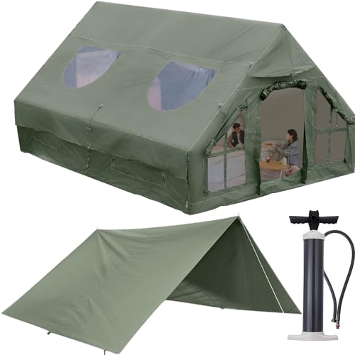 Inflatable Camping Tent with Pump & Detachable Waterproof Canopy - Quick Setup Glamping Shelter with Mesh Windows, Transparent PVC Door Curtains & Skylight for Luxurious Outdoor Adventures