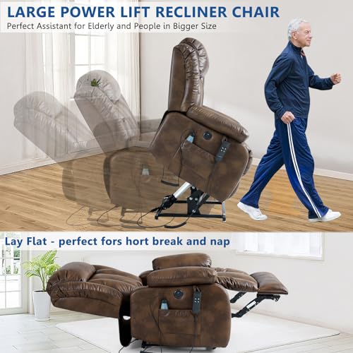 Large Power Lift Chairs Recliners for Elderly with Heated and Massage,Infinite Position Overstuffed Wide Power Lift Recliner，4 Positions, Breathable Leather, USB Ports and Remote Controls (Dark Blue)