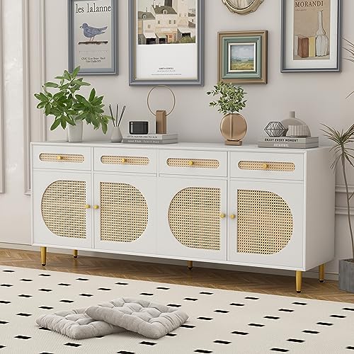 Rattan Buffet Sideboard Cabinet,4 Doors Storage Cabinet Console Table Decorative Cabinet with 4 Drawers, Adjustable Shelves for Kitchen Living Room Dining Room, White (White)