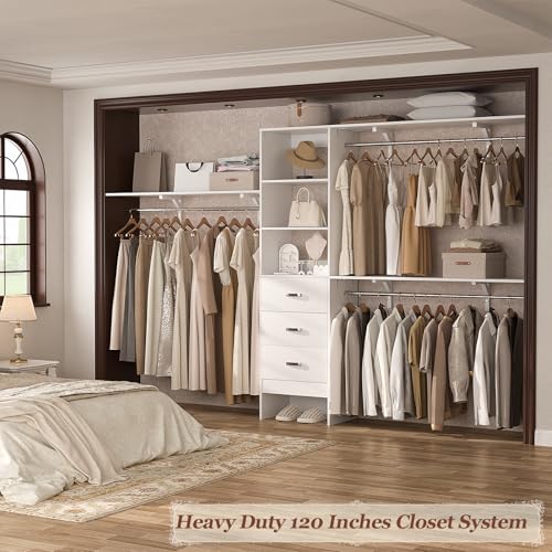 Armocity 120 Inches Closet System, 10FT Walk In Closet Organizer with 3 Shelving Towers, Heavy Duty Clothes Rack with 3 Drawers, Built-In Garment Rack, 120" L x 16" W x 75" H, Load 1300 LBS, White Oak