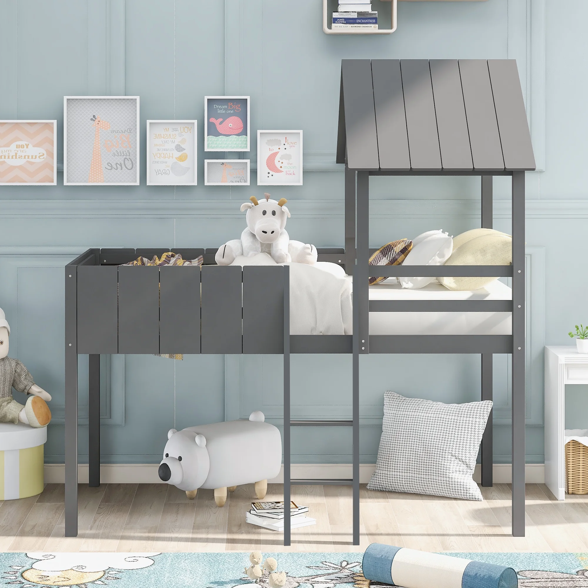 Gray Twin Size Wood House Loft Bed with Roof, Guardrail, Ladder