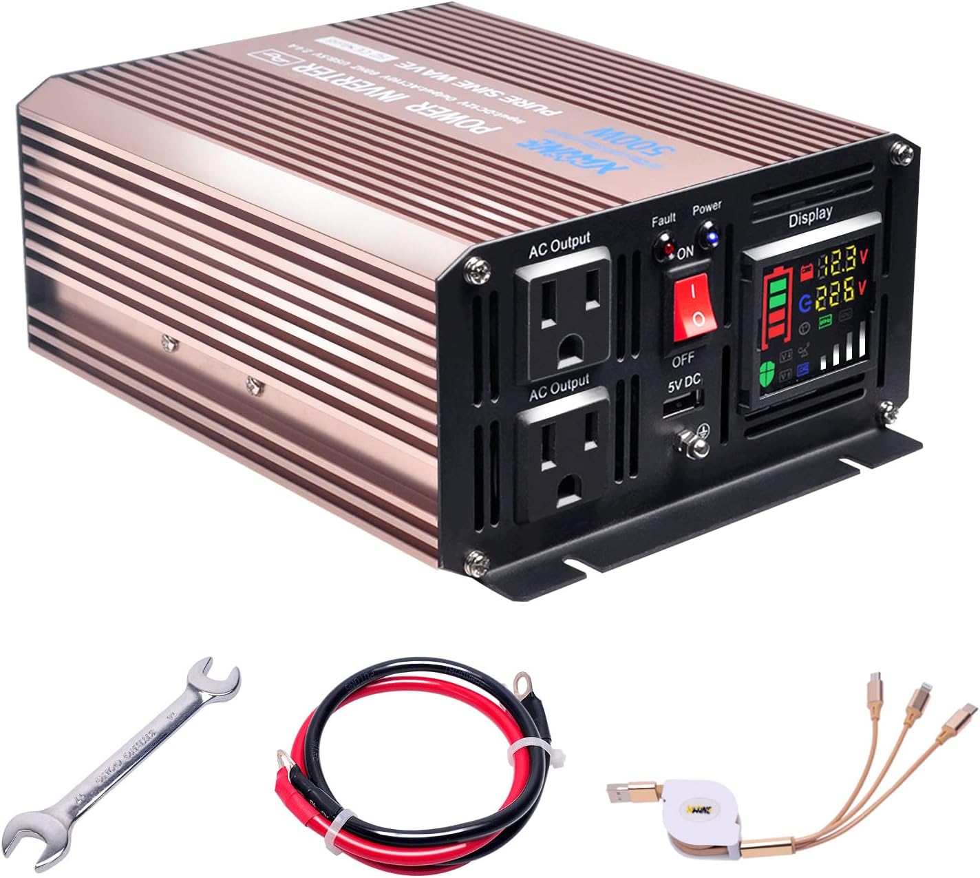 XWJNE 500 Watts Power Inverter 12V to 110V Pure Sine Wave Car Plug Inverter Adapter Power DC to AC Converter with LED Display and 4.2A USB Charging Ports & 2 AC Outlets Car Charger Pack of 2