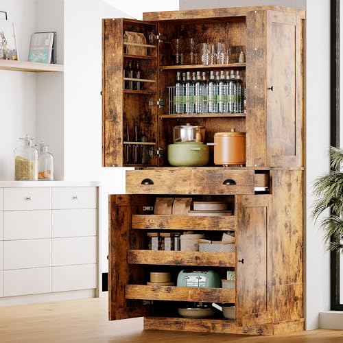 IRONCK Kitchen Pantry Cabinet with Sliding Storage Rack and 6 Hanging Shelves, 72" Height Tall Freestanding Cupboard for Living Room, Dining Room, Laundry, White