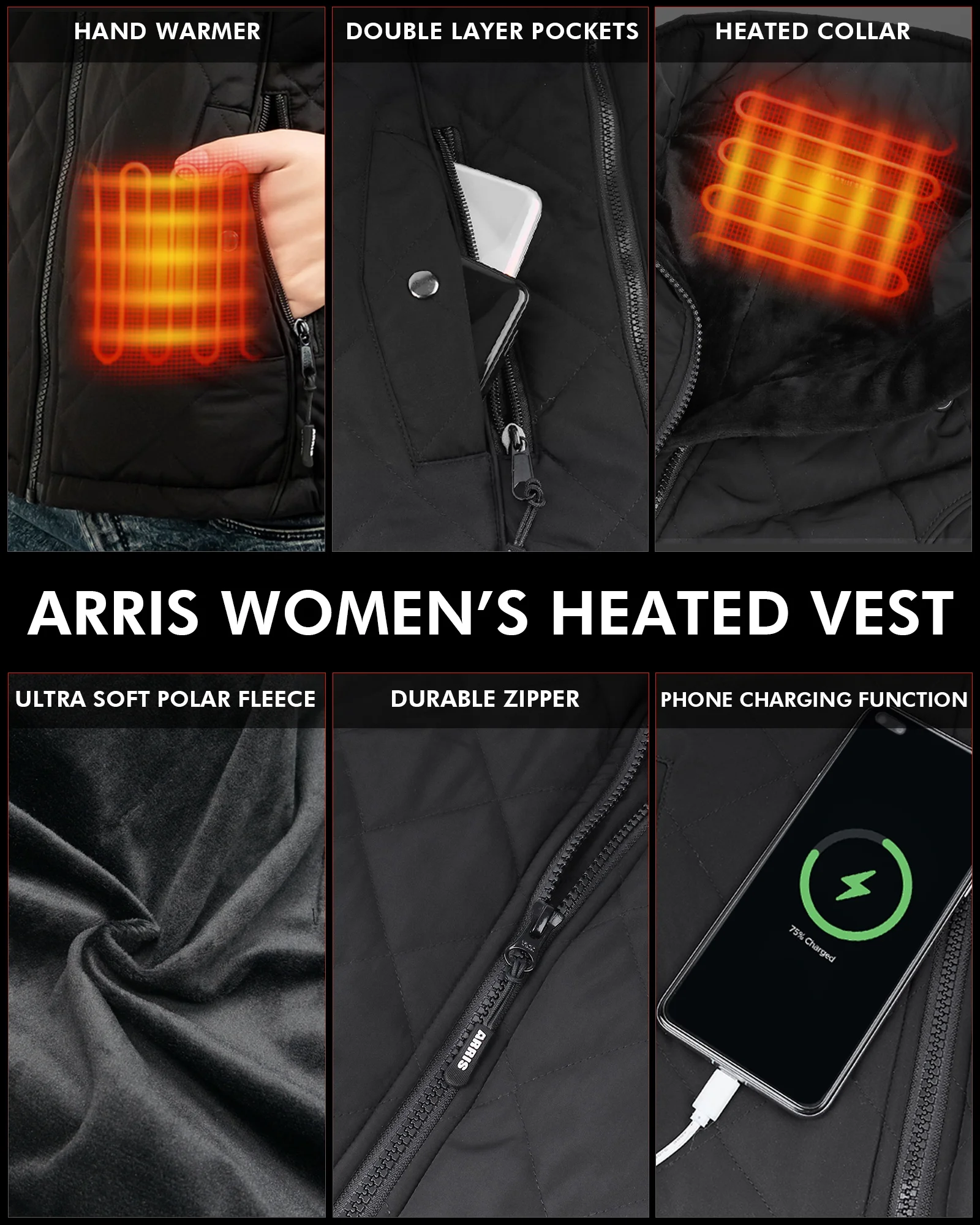 ARRIS Women Heated Vest with 7.4V Battery Size Adjustable Heating Clothing-Black