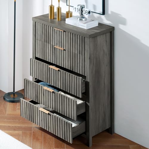 5 Drawers Dresser, 44 Inches Tall Modern Dresser for Bedroom, Curved Profile Design Chest of Drawers, Wood Drawer Organizer for Living Room, Hallway, Entryway (Grey Oak, 2 Pieces)