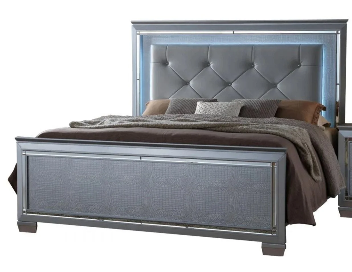 Contemporary Silver Finish 4pc Queen Size LED Backlit Upholstered HB Bed and Storage Dresser Mirror Nightstand Wooden Bedroom Furniture Set