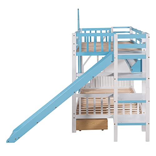 Twin Over Twin Floor Bunk Bed, Ladder with Storage, Wood Bunk Bed, Gray ，Queen Bed