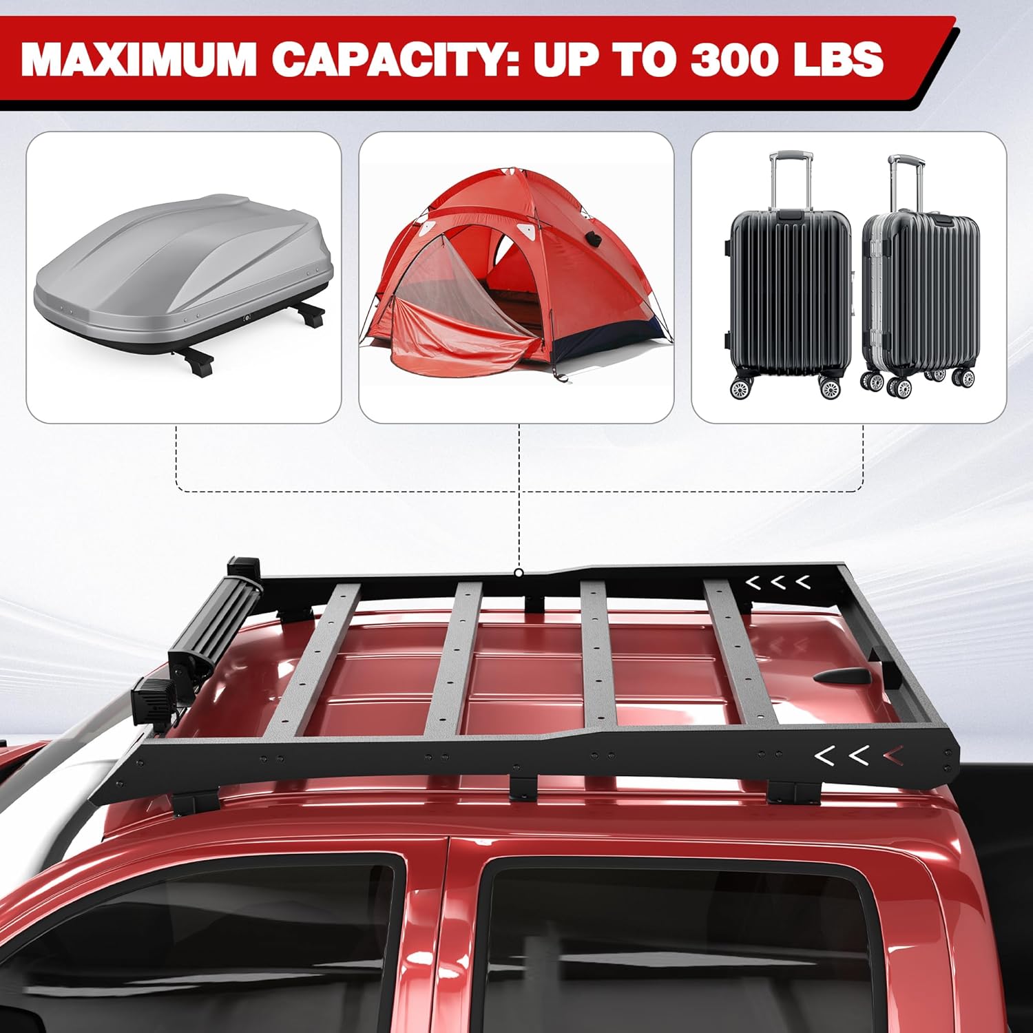 Roof Rack for Tacoma Roof Rack Cargo Carrier Heavy Duty Top Roof Basket Rack Extension with 2 X 18W LED Lights and 1 X 144W Light Bar Fit for Toyota Tacoma 2005-2022