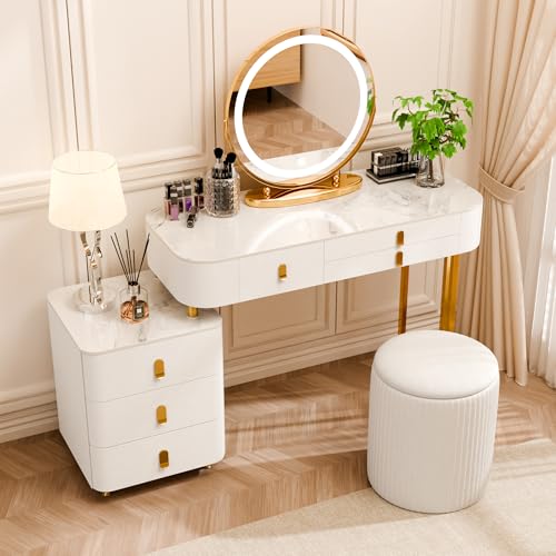 Makeup Vanity Set,Desk with Mirror and Lights,6 Large Capacity Wood Drawers and Soft Petal Chair,Dressing Table with Movable Bedside Table Deal Gift for Her,for Bedroom (39"-White)