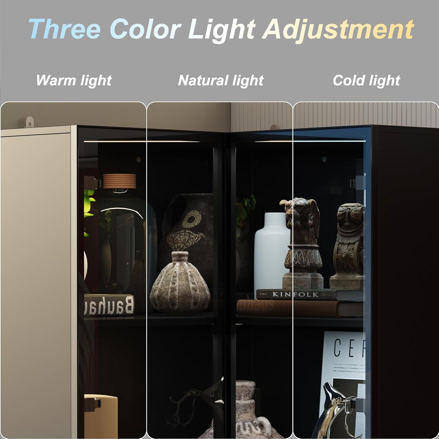 AIEGLE Corner Storage Cabinet with Glass Door and Light, L Shaped Display Cabinet with 2 Doors and 4 Shelves, Modern Bookcase Curio Cabinet for Living Room, Home Office, Black, 31.5"L x 31.5"W x 63"H