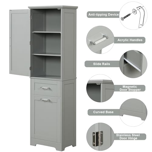 Tall Bathroom Storage Cabinet, Narrow Storage Cabinet, Freestanding Linen Cabinet with Two Different Size Drawers and Adjustable Shelf, Tall Cabinet Storage for Bathroom，Living Room (White)