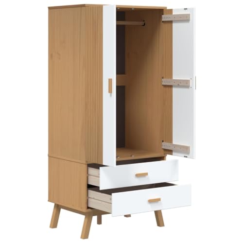 Wood Wardrobe Closet, Bedroom Armoire Closet, Solid Wood Wardrobe Armoire Closet Storage Cabinet with 2 Drawers and 1 Large Compartment, Gray and Brown 30.1"x20.9"x67.7"