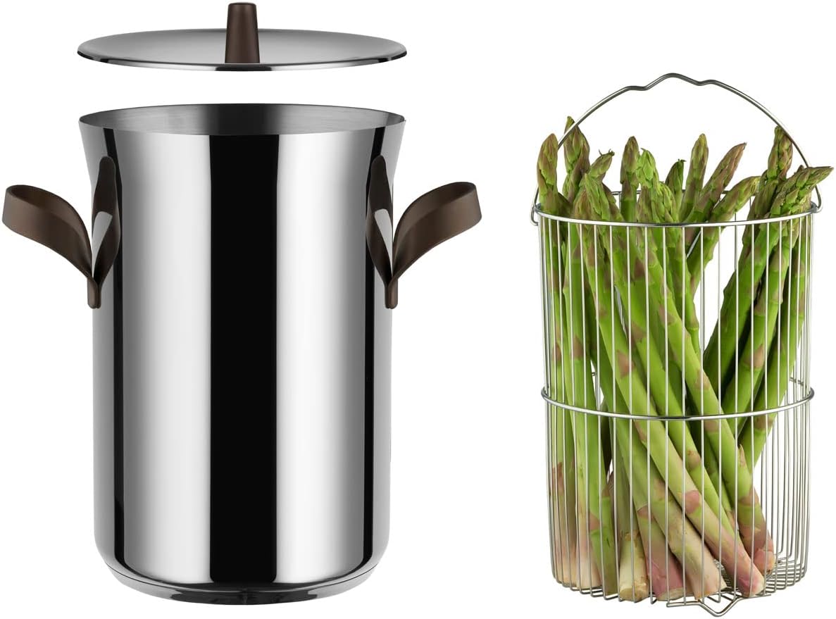 Alessi PU309 edo Asparagus steamer with basket and lid in 18/10 stainless steel. Handles in 18/10 stainless steel with PVD coating, brown. Magnetic steel bottom suitable for induction cooking.