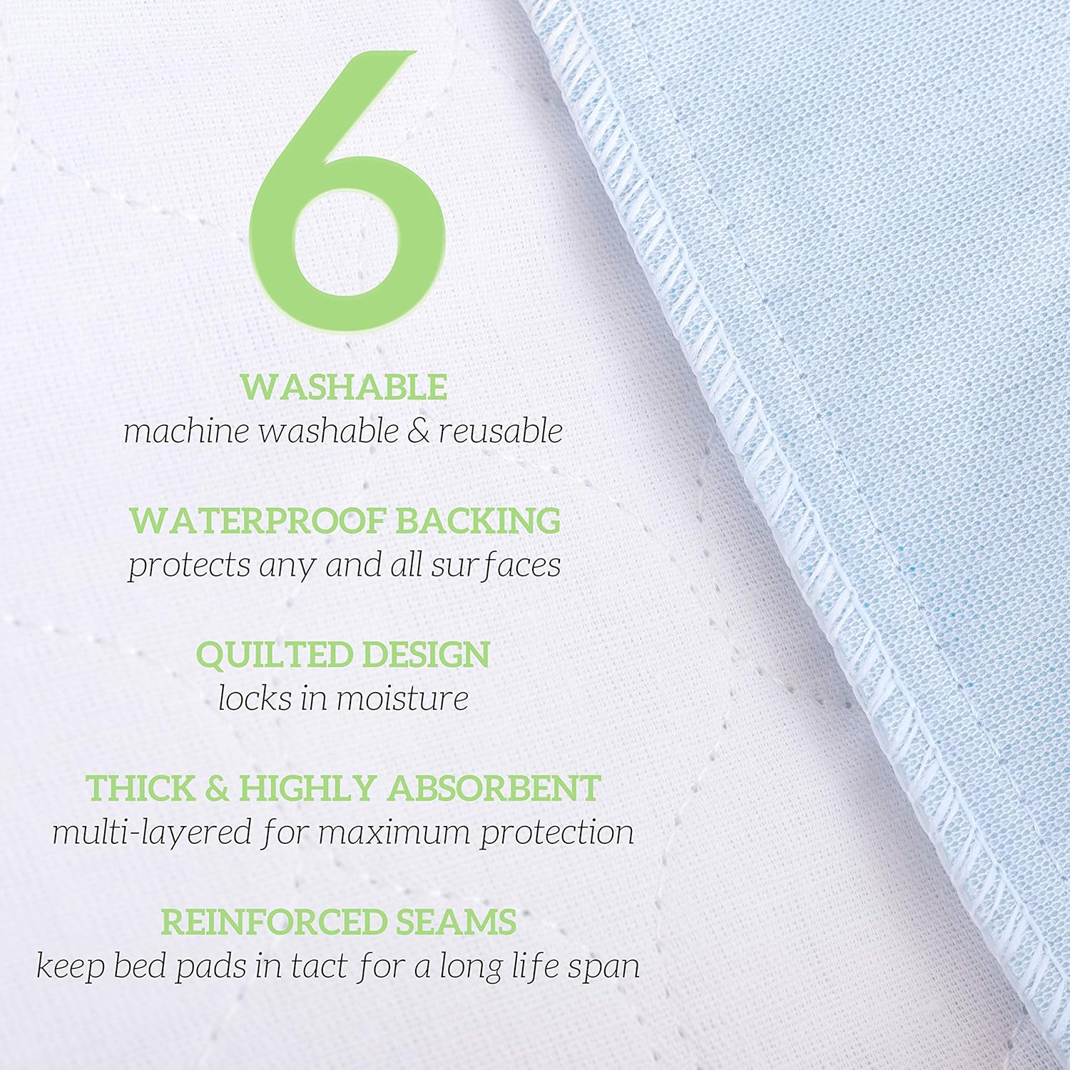 GREEN LIFESTYLE Washable Underpads, Pack - of 6 Large Bed Pads, 30" x 34", for use as Incontinence Bed Pads, Reusable pet Pads, Great for Dogs, Cats, Bunny & Seniors (6 Pack - 30x34)