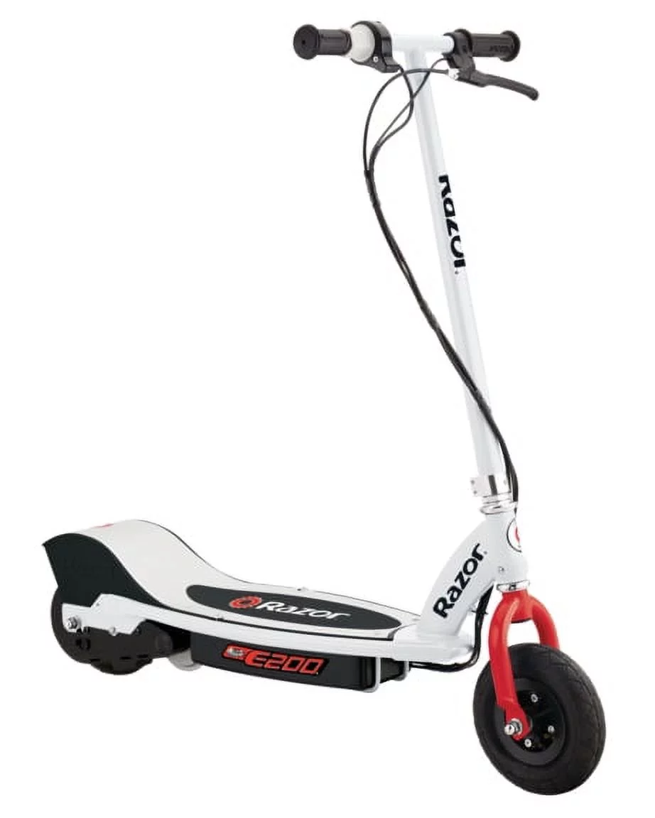 Razor E200 Electric Scooter - White, for Ages 13+ and up to 154 lbs, 8" Pneumatic Front Tire, 200W Chain Motor, Up to 12 mph & up to 8-mile Range, 24V Sealed Lead-Acid Battery