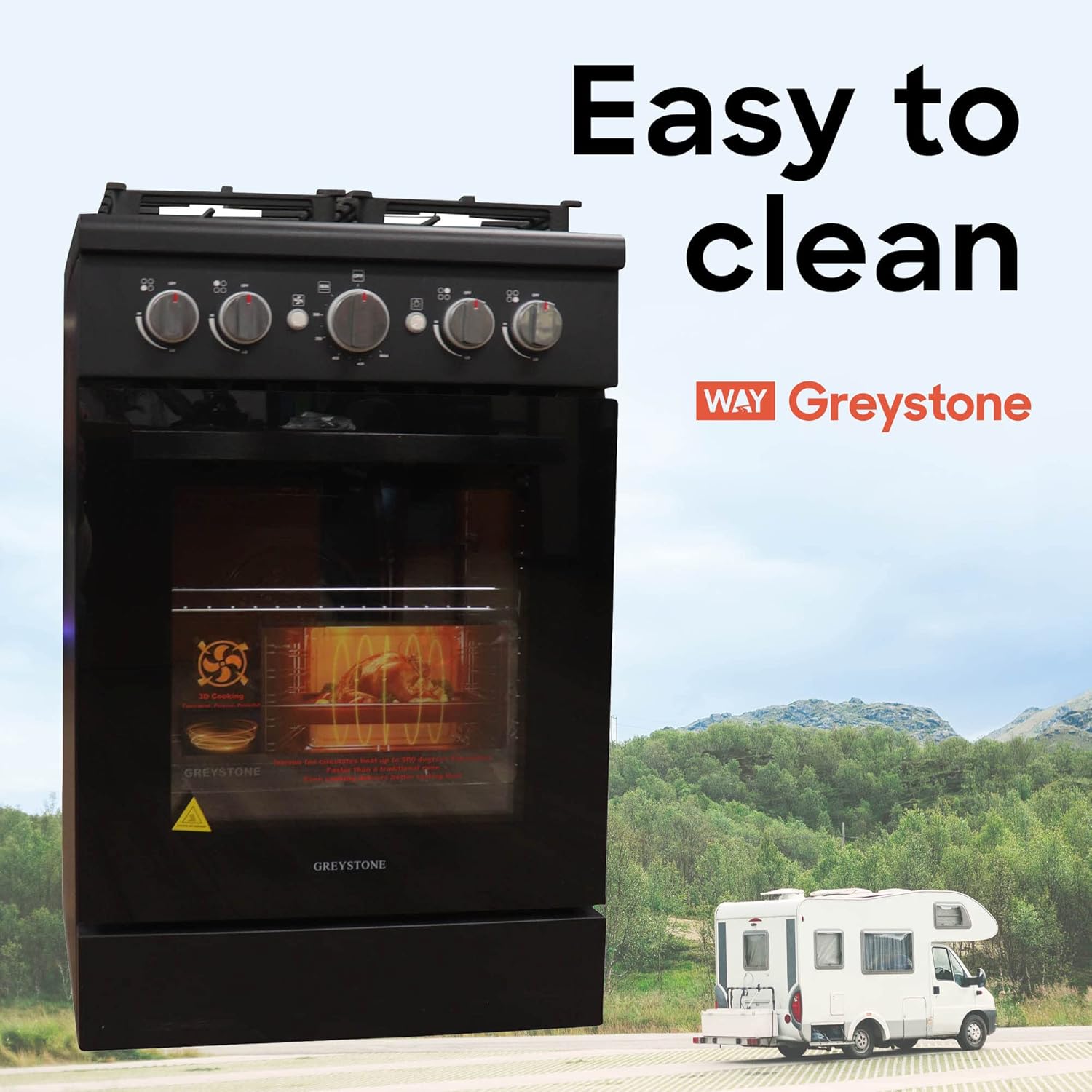 Greystone, 24 Inch Slide-In RV Gas Range, Stove and Oven Combo, 110 Volt, LP, 4 Burners, Black
