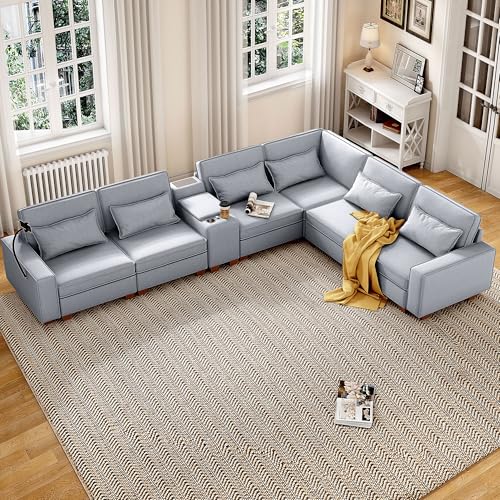 Modular Sectional Sofa, Convertible U Shaped Sofa Couch with Central Console & USB Ports, 7 Seat Modular Sectionals Couch with Chaise and Storage for Living Room, Light Grey