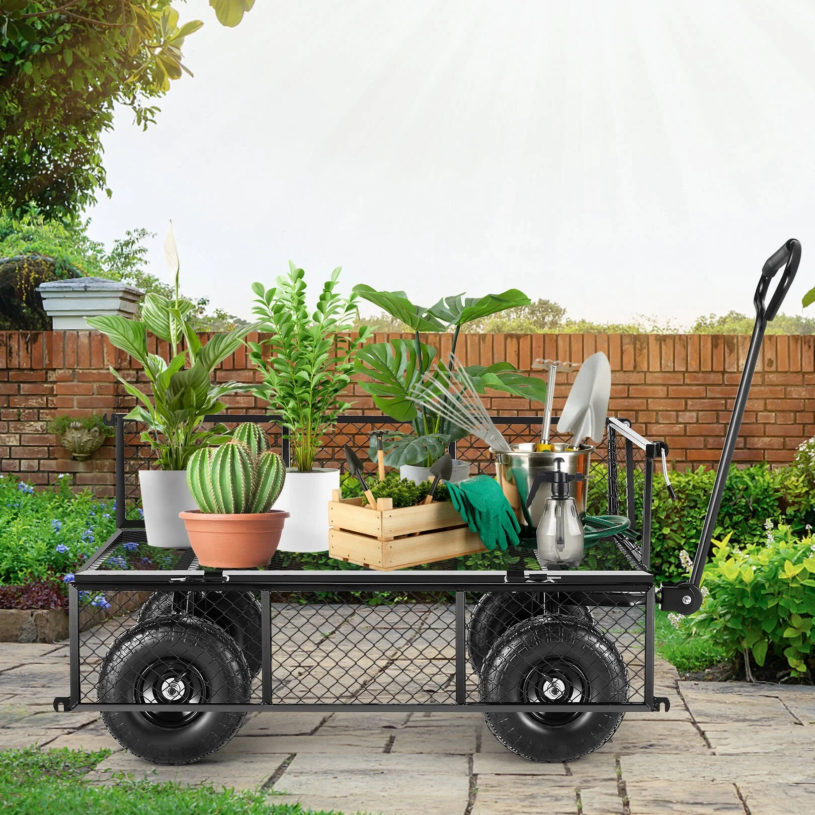 Funcid Steel Garden Cart, Heavy Duty 660 LBS Capacity, with Removable Mesh Sides to Convert into Flatbed, Utility Metal Wagon with 180° Rotating Handle and 10" Tires, Perfect for Garden, Farm, Yard