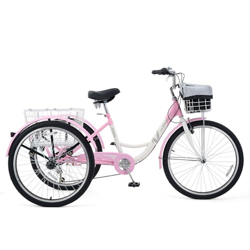 Viribus Adult Tricycle, 7 Speed Tricycle for Adults with Front & Rear Removable Wheeled Baskets, 3 Wheel Bikes for Adults Seniors Women Men, Trikes 400lb. 24 26 inch