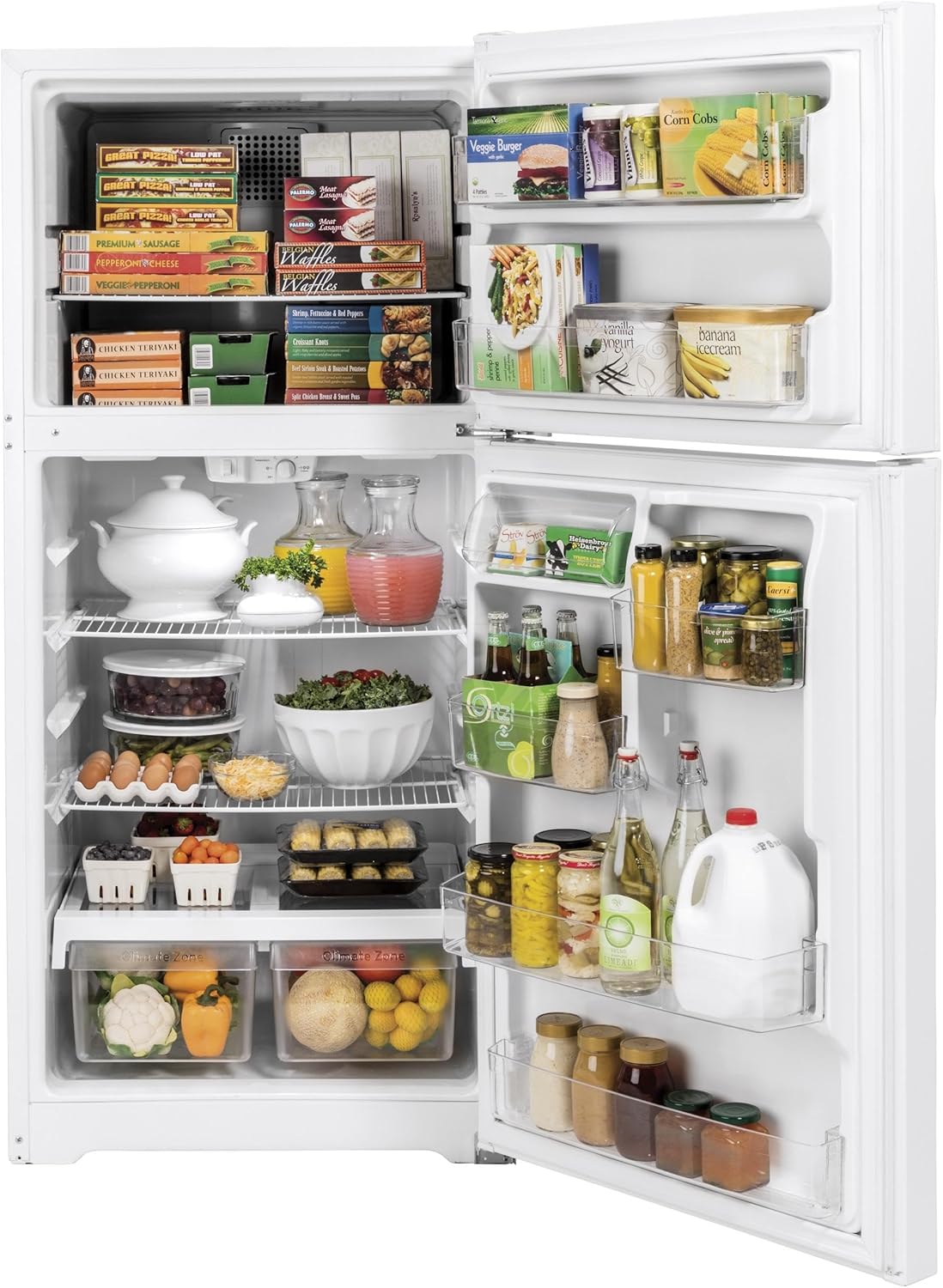 GE GTE19DTNRWW 30 Inch Freestanding Top Freezer Refrigerator with 19.1 cu. ft. Total Capacity, 2 Wire Shelves, 5.6 cu. ft. Freezer Capacity, Right Hinge with Reversible Doors, Crisper Drawer, Frost F