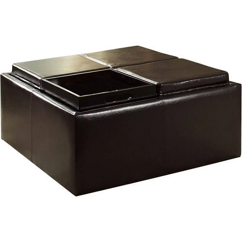 Cocktail Storage Ottoman with 4 Trays, Dark Brown Faux Leather