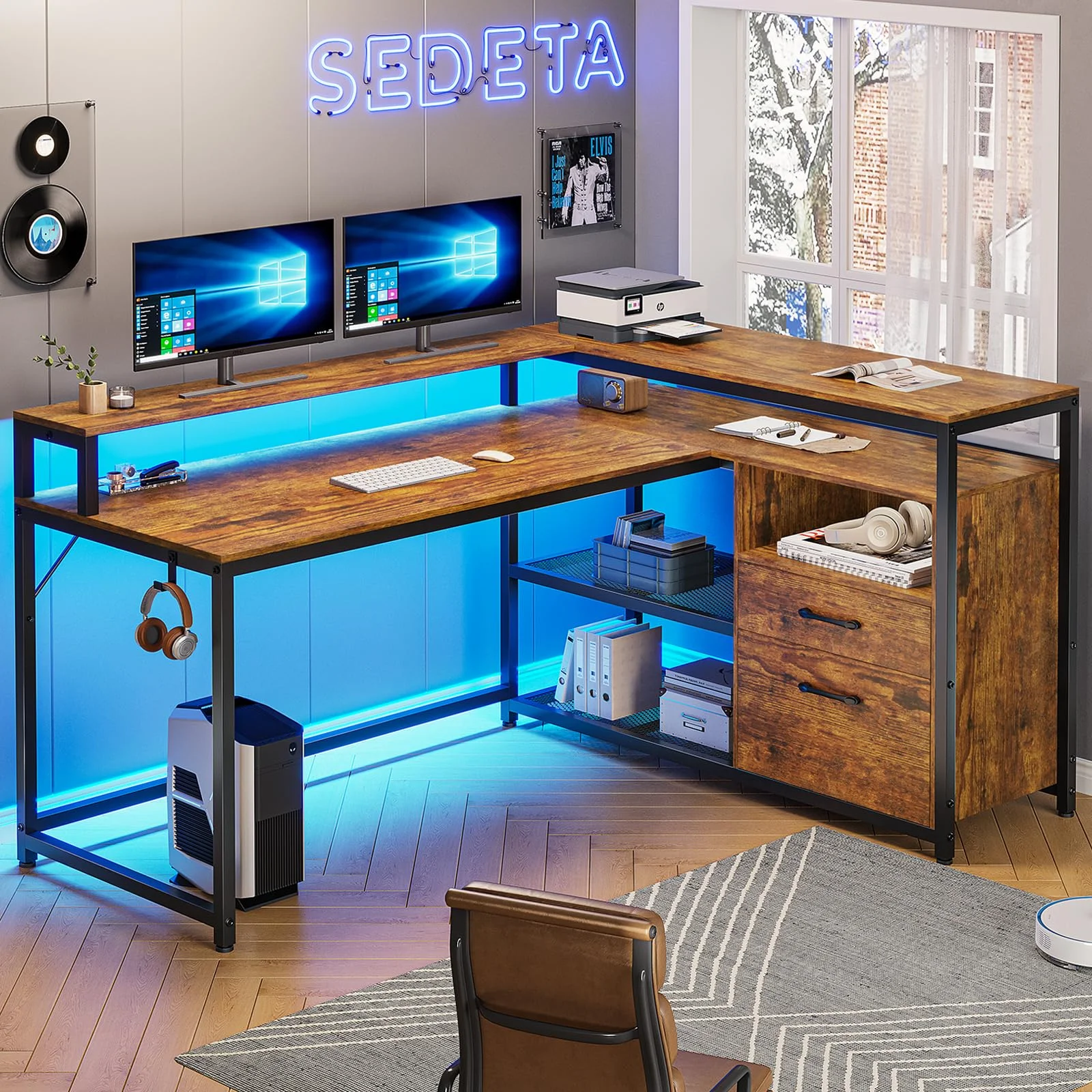 Brown L Shaped Cpomputer Desk with LED Lights and Printer Storage Shelves,55" Home Office Desk with 2 Drawers,Morden Gaming Desk