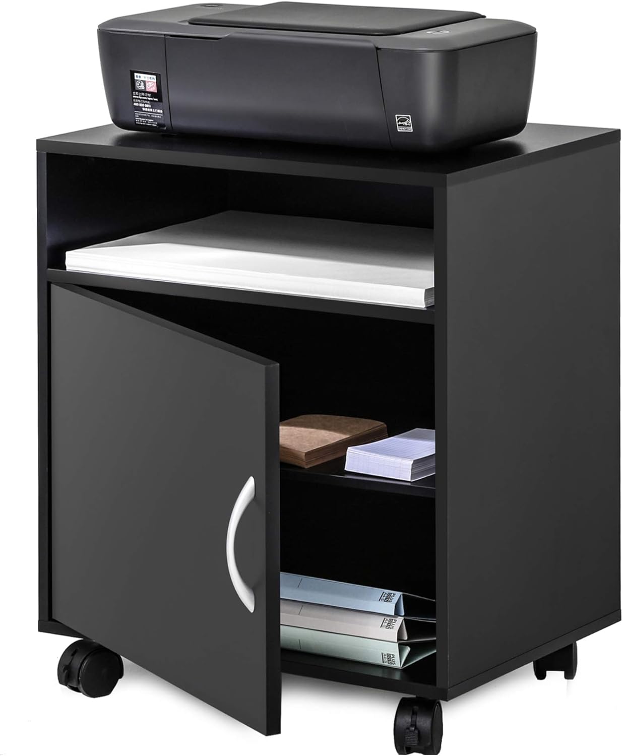 FITUEYES Printer Stand with Adjustable Storage Shelves, Mobile Black Wood Work Cart on Wheels, Rolling File Cabinet with Door for Home Office