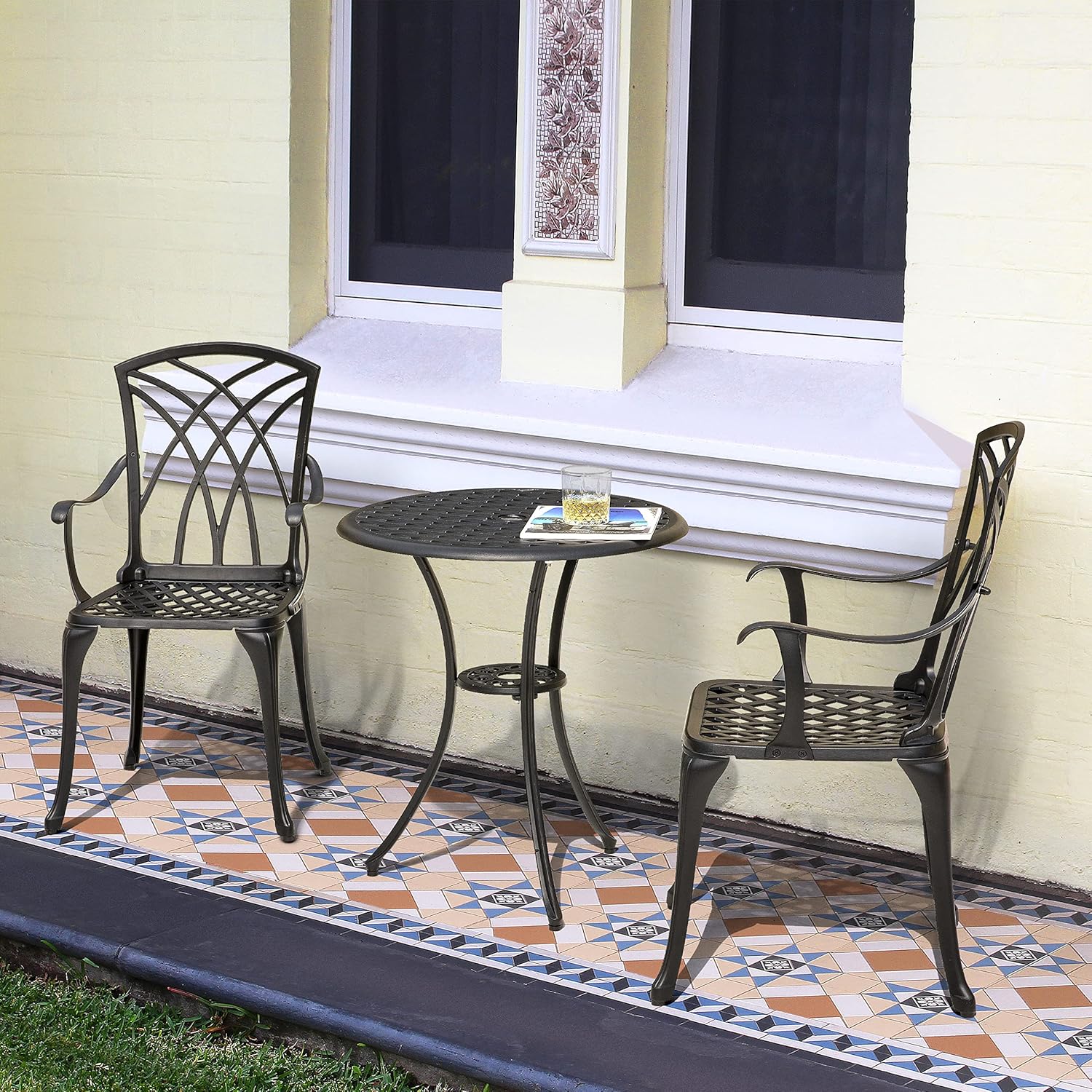 Nuu Garden 3 Piece Patio Bistro Sets Cast Aluminum Bistro Table Set Outdoor Patio Furniture with Umbrella Hole for Patio Balcony, Black
