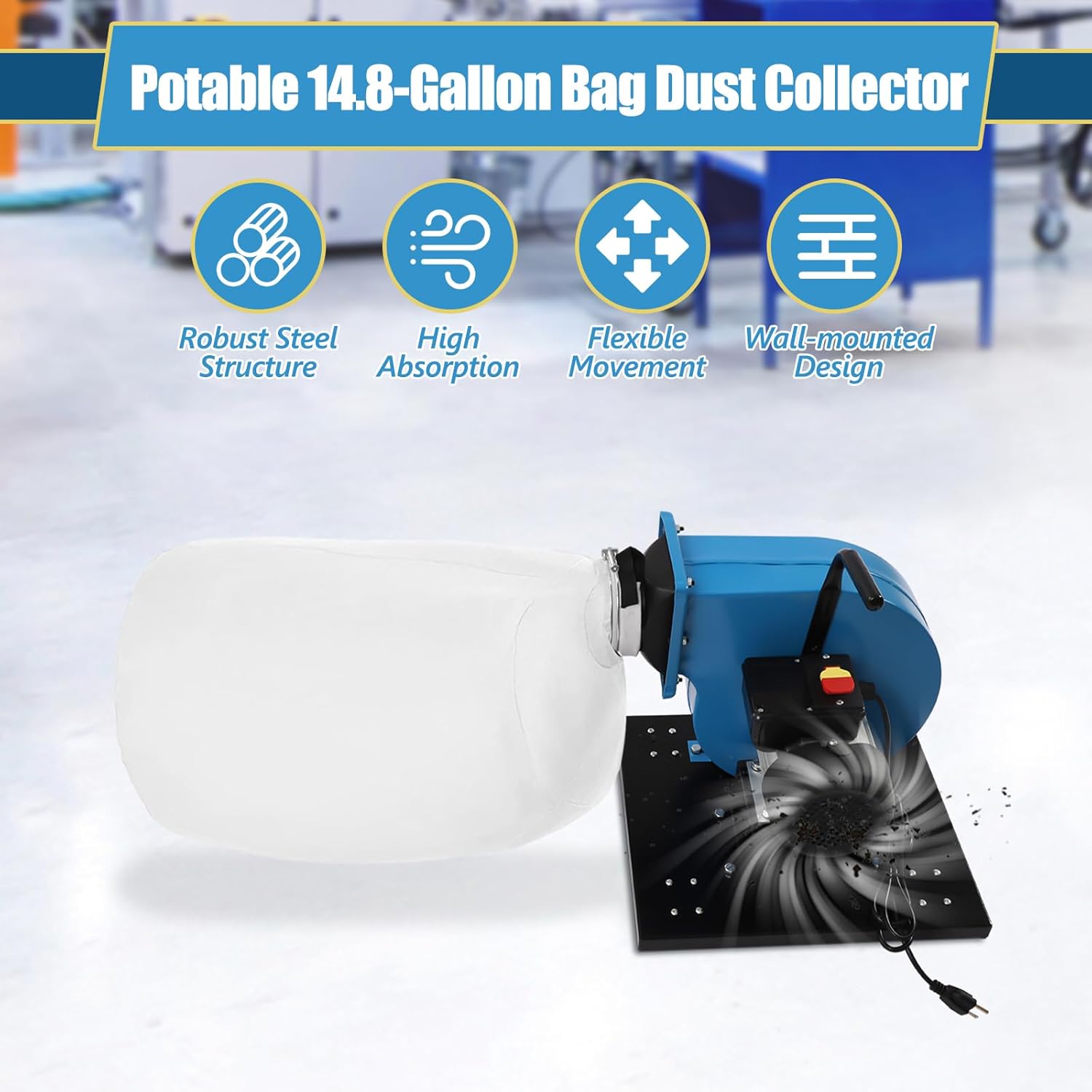 1HP Dust Collector with Wire, 550 CFM Wheeled Jet Dust Collection, Potable 14.8-Gallon White Bag Dust Collector 30 Micron Bag Filtration Dust Collector, For Industrial Cleaning.