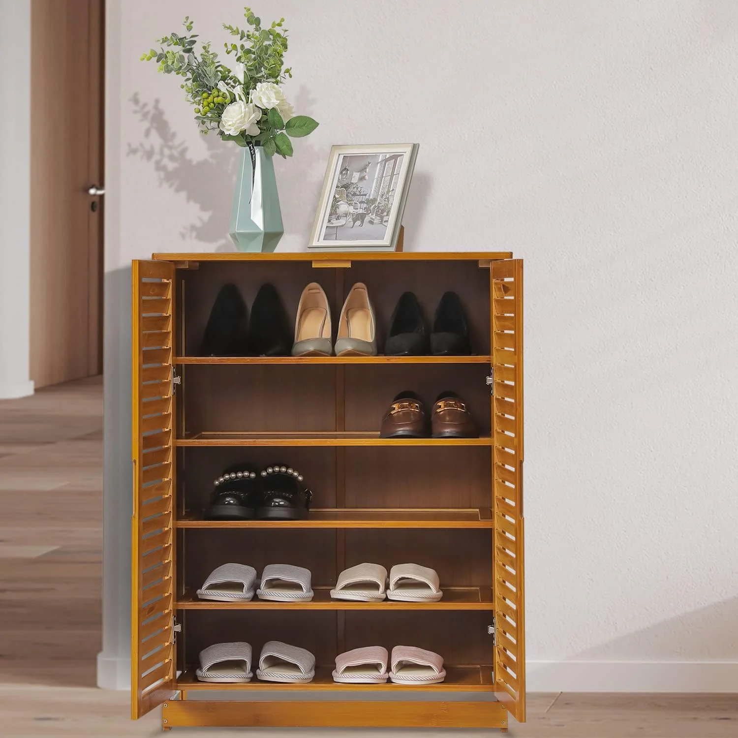 5 Tier Shoe Storage Cabinet With Shutter Doors, Bamboo Shoe Floor Storage Organizer Rack For 11-15 Pairs Entryway Hallway Mudroom, Brown