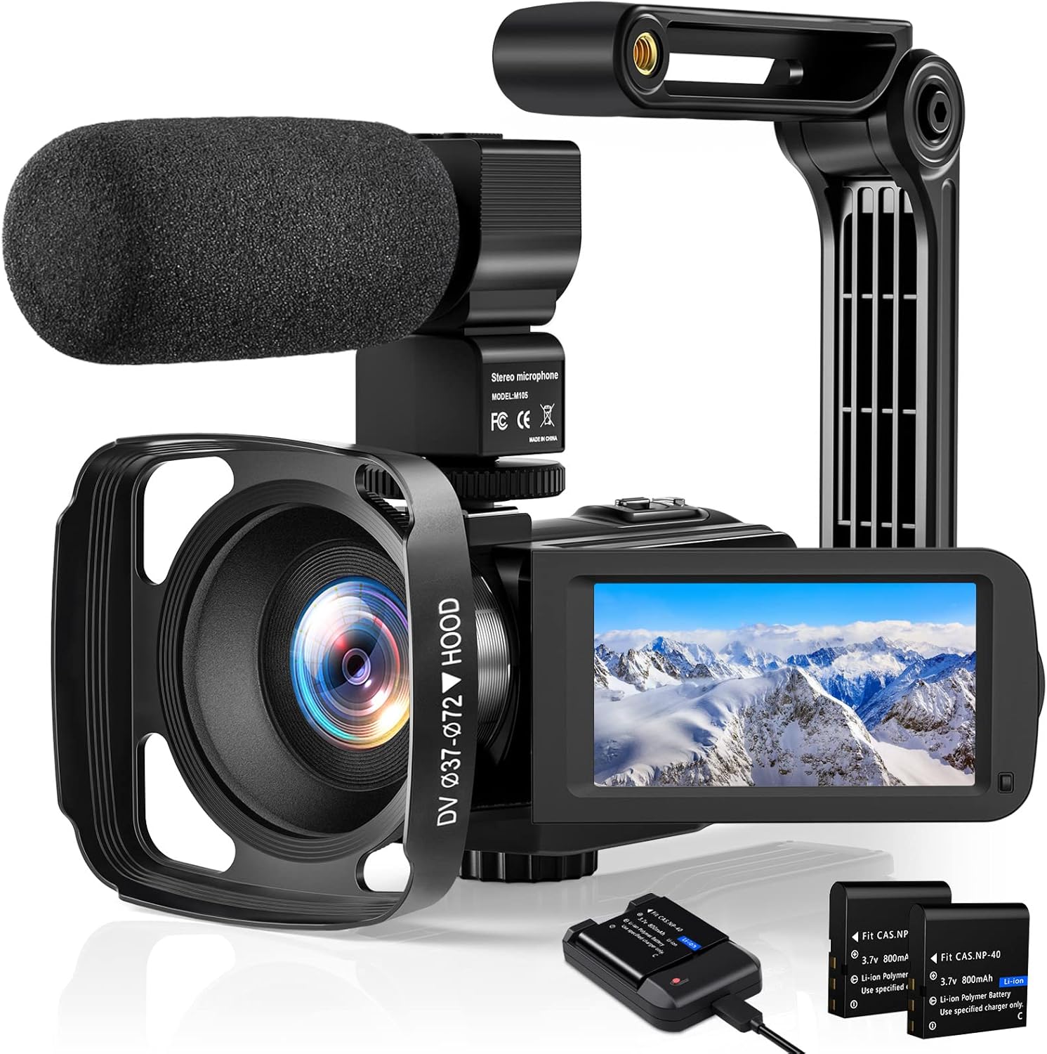 Video Camera Camcorder Vlogging Camera FHD 1080P 24 MP 3.0 Inch 270 Degree Rotation Screen 16X Zoom Digital Video Recorder with Microphone, Battery Charger, Stabilizer, Lens Hood, 2 Batteries