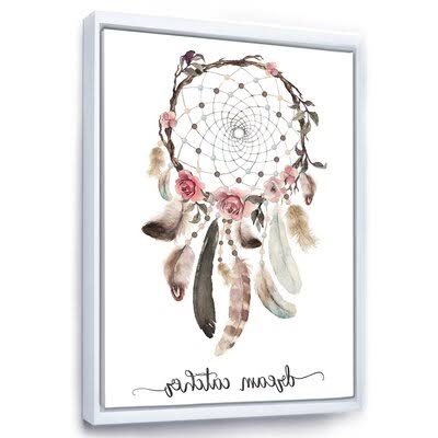 Dream Catcher with Ethnic Feathers - Painting on Canvas East Urban Home Format: White Floater Frame, Size: 32x22 H x 24x22 W x 1