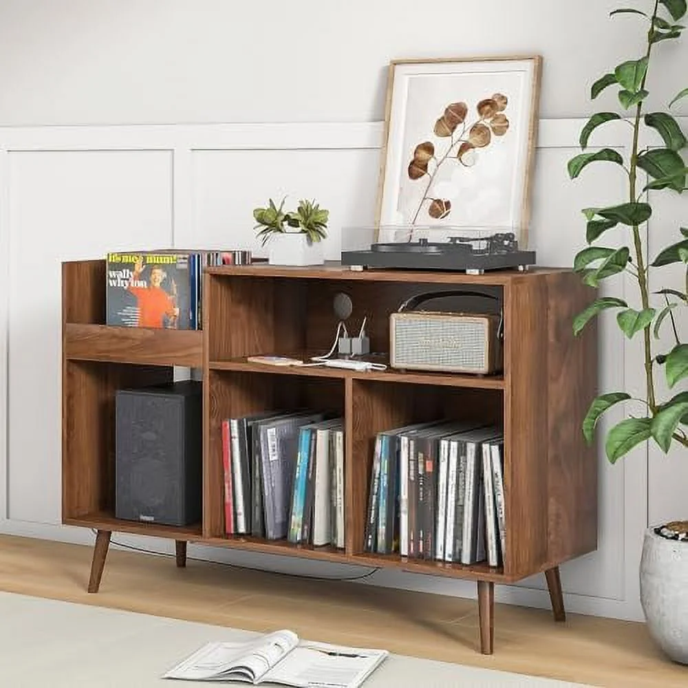 TJBOLIFE Mid-Century Record Player Stand with  Vinyl Record Cabinet Record Player Table with Power Outlet Turntable Stand Large Record Holder Holds for Bedroom Living Room