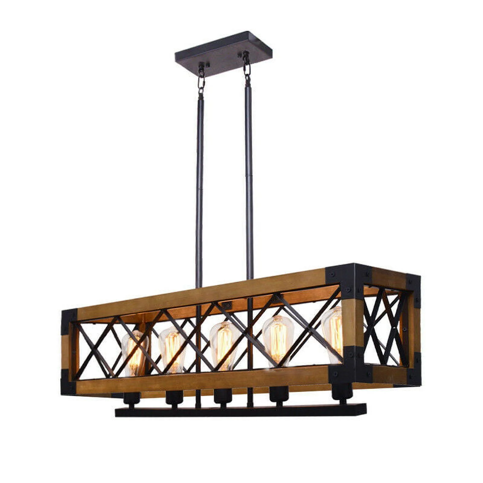 ZhdnBhnos 5-Lights Retro Farmhouse Chandelier Kitchen Island Pendant Light Fixture Wooden Rectangle Hanging Ceiling Lamp