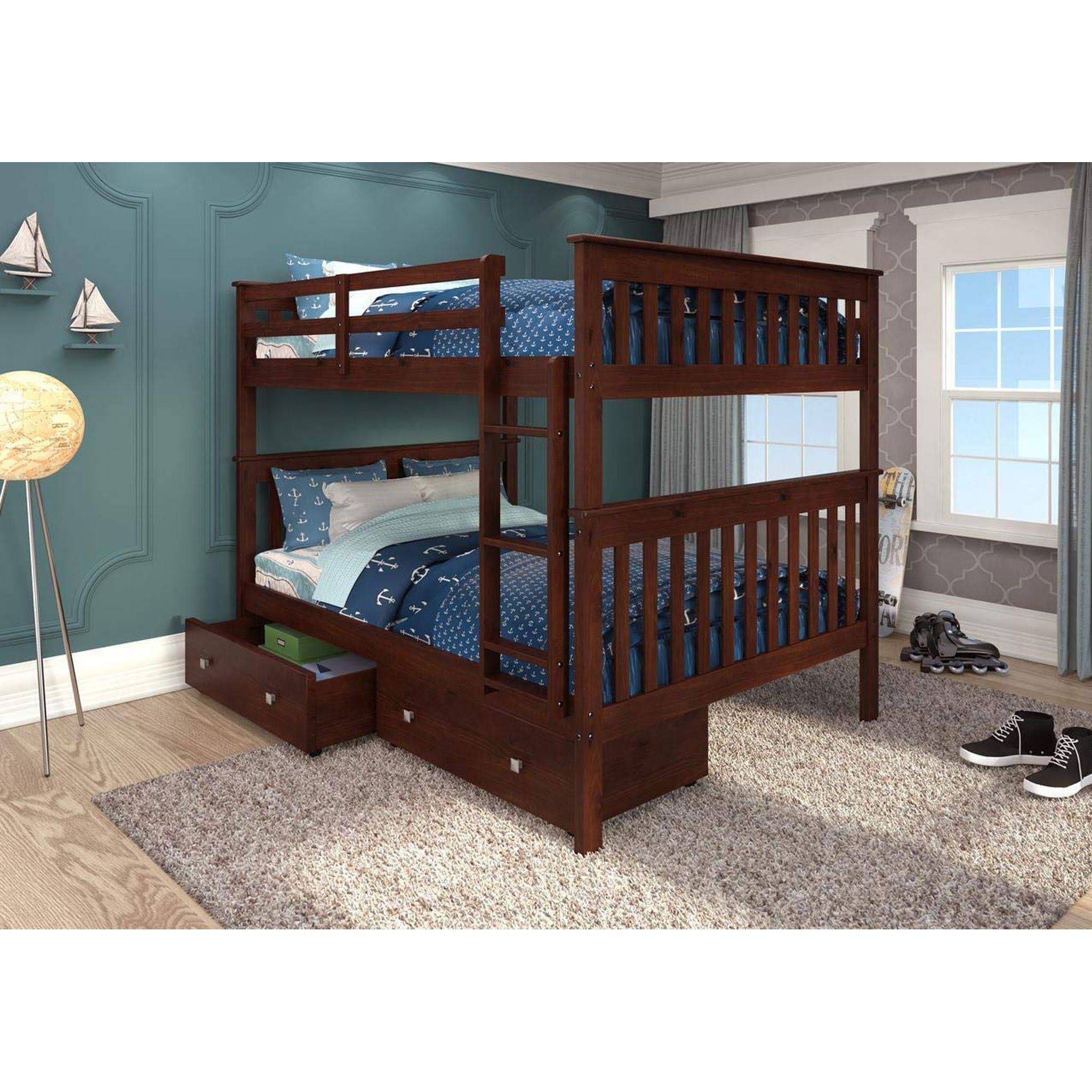 Full/Full Mission Bunk Bed with Dual Underbed Drawers Dark Cappuccino - Donco Kids
