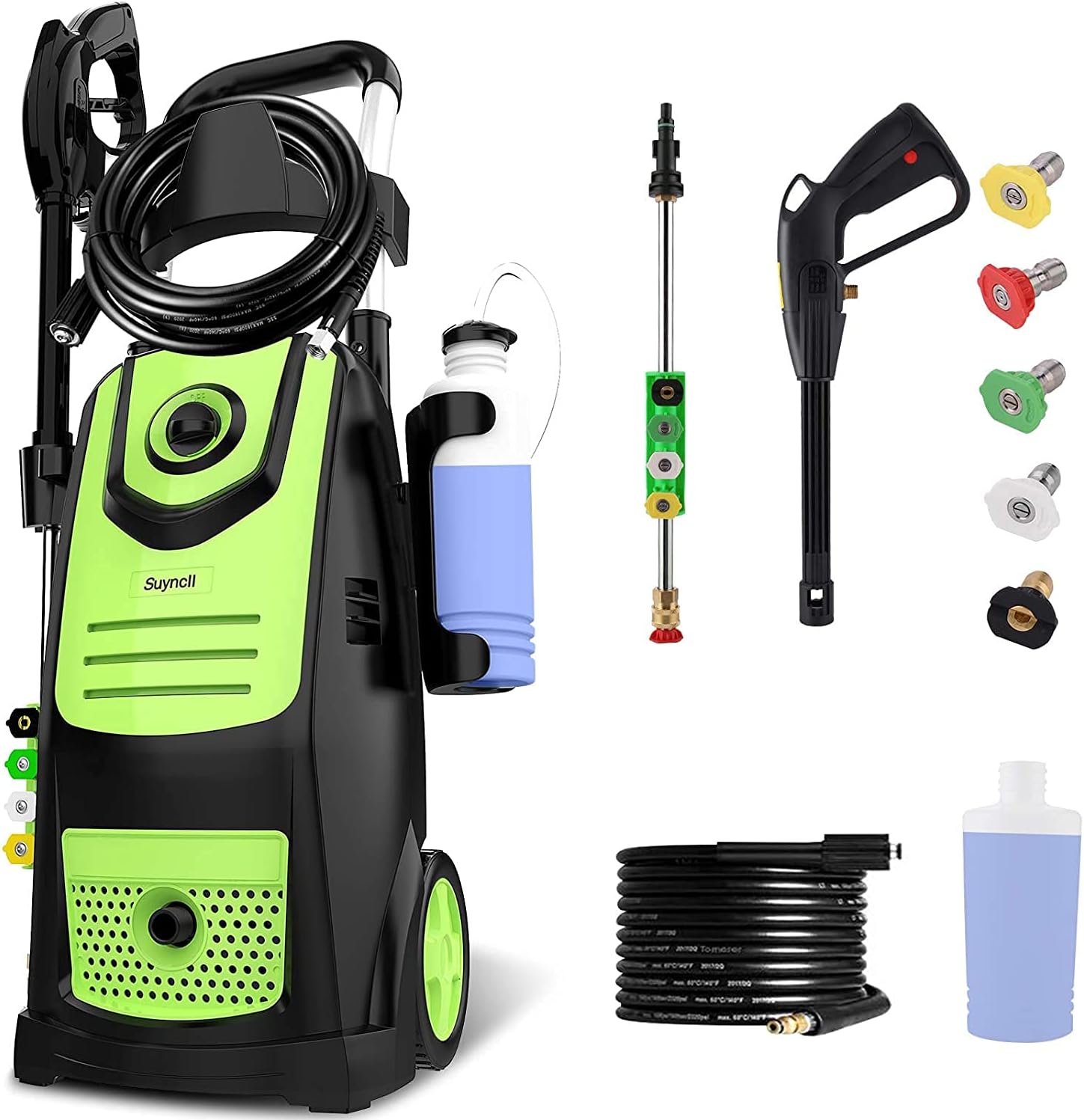 Pressure Washe, Suyncll Electric Power Washer Portable Cleaner Machine with 5 Nozzles and Hose Reel,for Homes, Cars, Driveways
