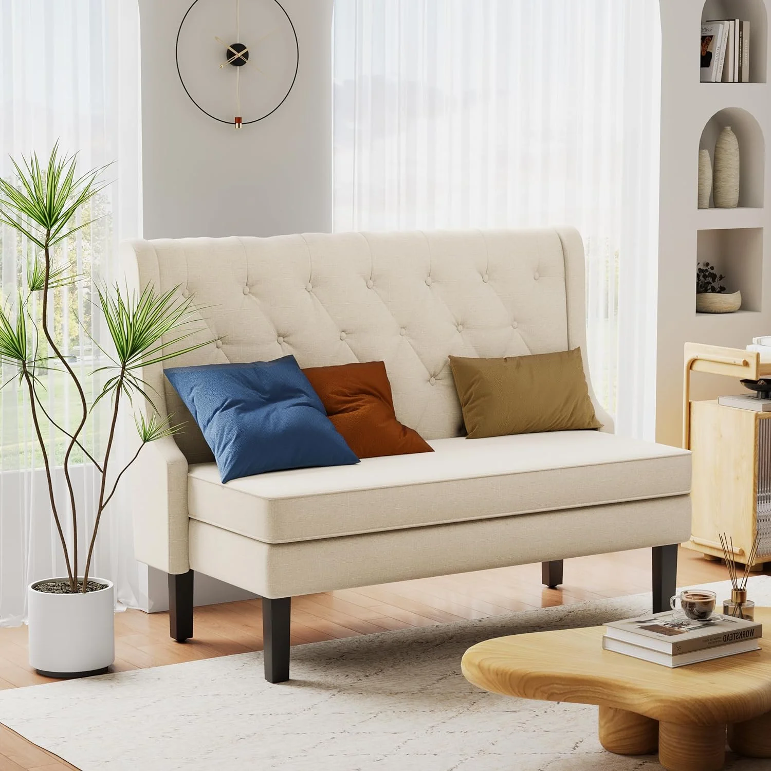 Loveseat Settee Bench with Natural Rattan Arms,Upholstered Modern High-Back Mini Sofa Couch,Banquette Dining Bench for Living Dining Room Bedroom Office Small Space Entryway,Light Grey