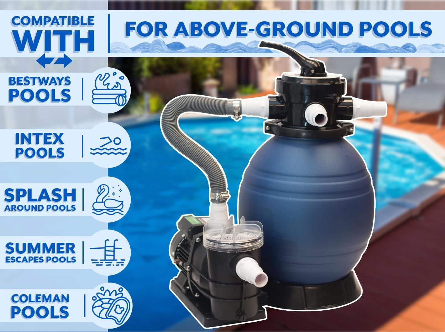 Poolzilla Tiger Shark 12" Sand Filter with 3/4HP Pool Pump 4 Way Valve Above Ground Pool Set with Stand, for Pools up to 7,200 Gallons