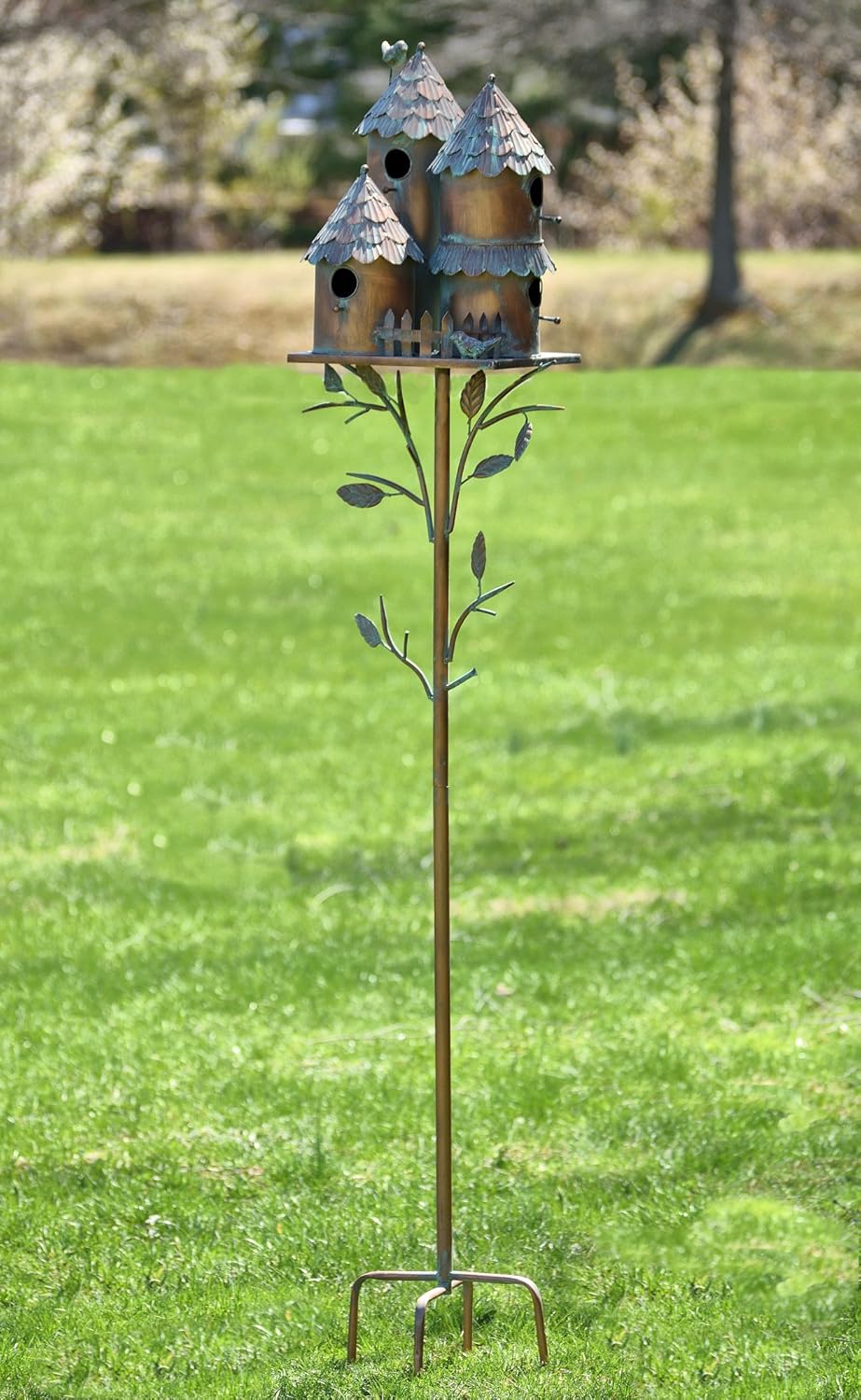 Zaer Ltd. Large Copper Colored Multi-Birdhouse Stakes, Room for 4 Bird Families in Each (Castle Home)
