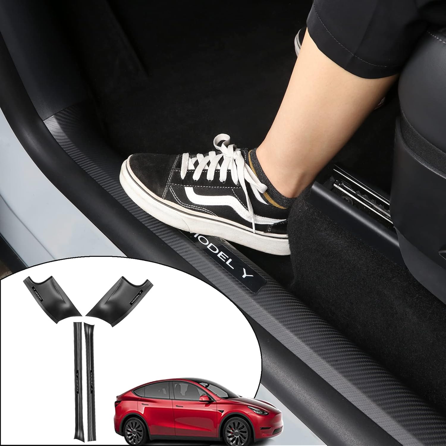 LMZX Tesla Model Y Door Sill Protector Guard Matte Carbon Fiber Pattern Entry Protector Cover for Tesla Model Y 5 Seater Accessories(ABS,4 pcs)